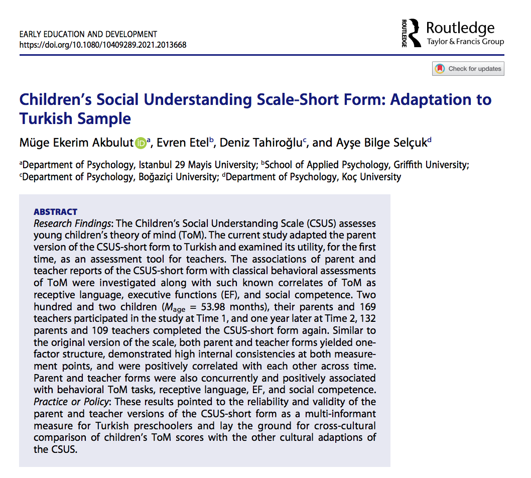 Children's Social Undrestanding Scale-Short Form: Adaptati on to Turkish Sample